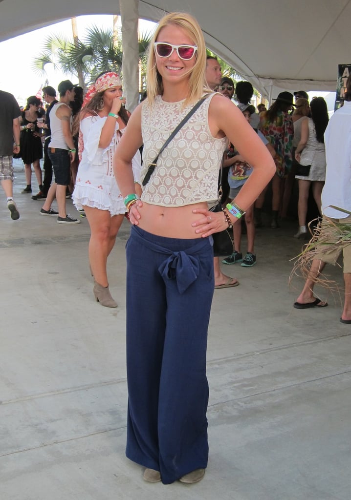 Wide-legged pants were paired with a crop lace top for a sweet throwback ensemble.
Source: Chi Diem Chau