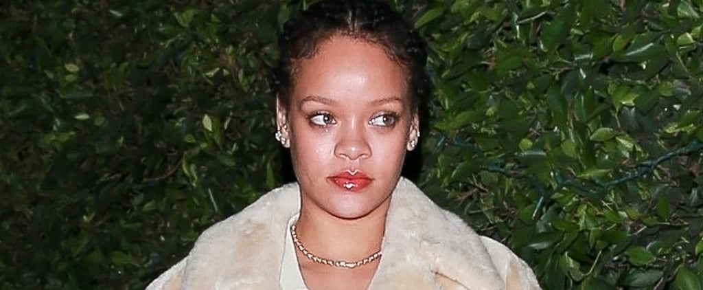 Rihanna Wearing a Teddy Coat With an Unbuttoned Cardigan