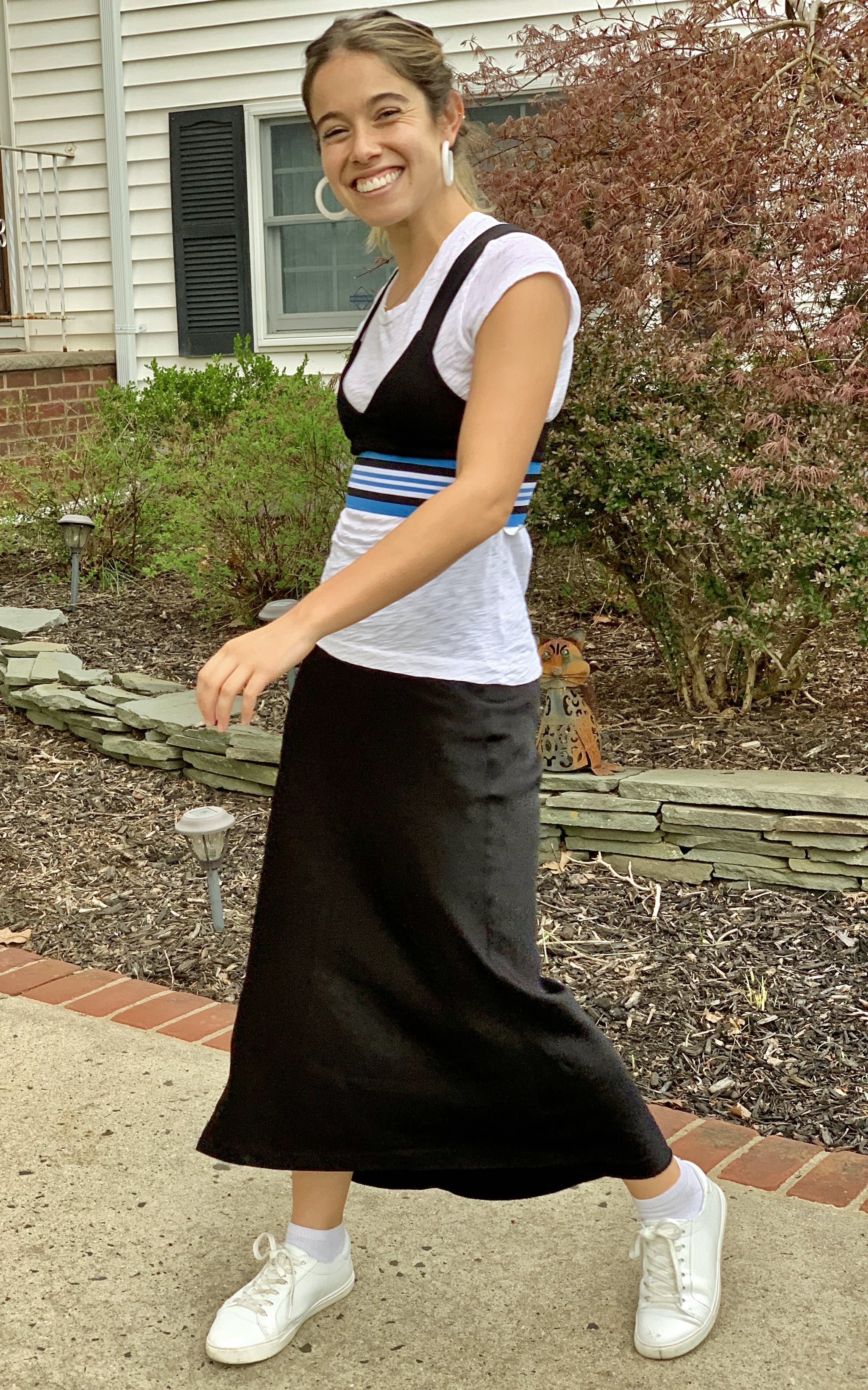 I added lucite hoops and slipped into a silk midi skirt (which still, I  Dressed Like '90s and '00s Movie Characters Just to Prove Old Trends Are  Back