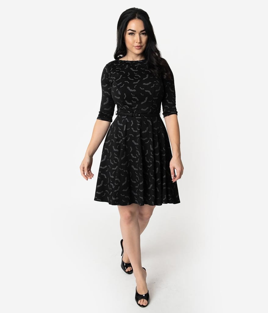 Unique Vintage Black and Grey Bats Print Stephanie Fit and Flare Dress