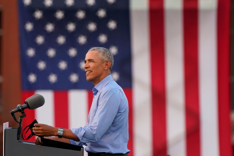 Former US President Barack Obama addresses Biden-Harris supporters during a drive-in rally in Philadelphia, Pennsylvania on October 21, 2020. - Former US president Barack Obama hit the campaign trail for Joe Biden today in a bid to drum up support for his