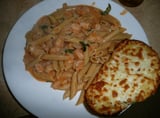 Shrimp Penne in Cream Sauce With Cheesy Garlic Bread