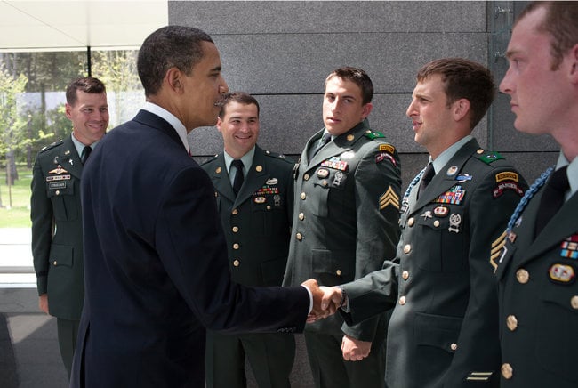 President Obama and Sgt. Cory Remsburg on the 65th anniversary of the D-Day landing on June 6, 2009.
Source: The White House