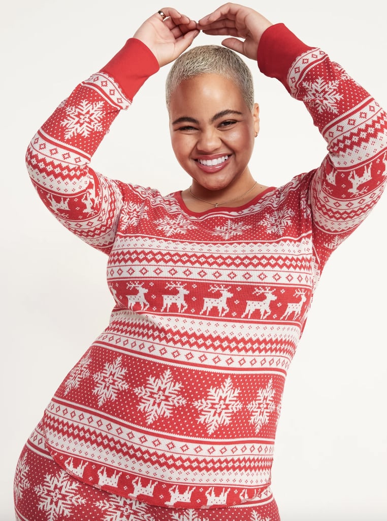 Red Fair Isle Matching Printed Thermal-Knit Long-Sleeve Pajama Top