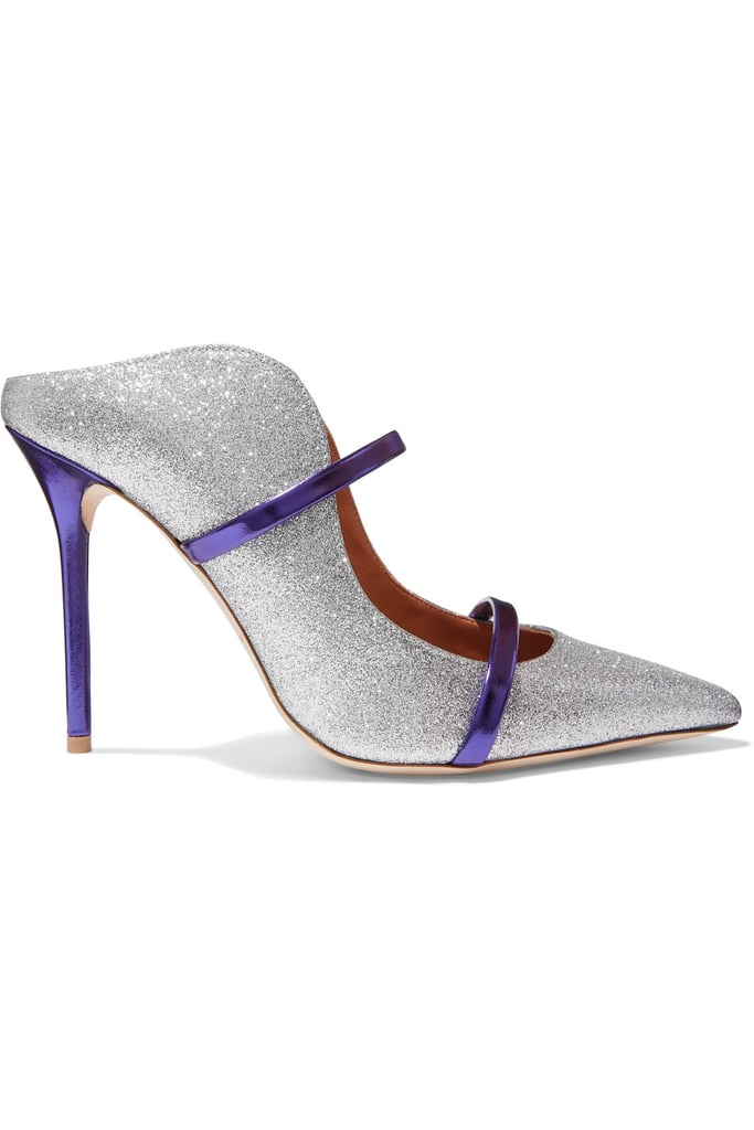 Malone Souliers Maureen 100 Metallic-Trimmed Glittered Leather Mules