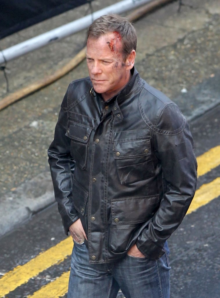 Ever the tough guy, Kiefer Sutherland sported some serious cuts as he channeled Jack Bauer on the set of 24: Live Another Day in London on Wednesday.