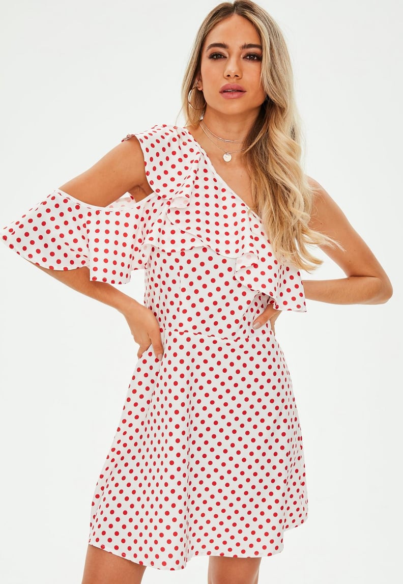 Missguided White Polka Dot One Shoulder Frill Dress