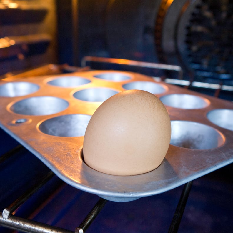 Bake hard-boiled eggs in a muffin tin.