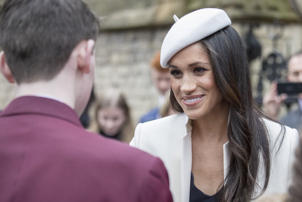 Meghan Markle's Side-Swept Waves and White Beret, 2018