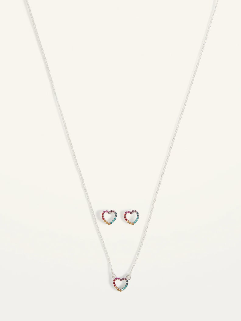 Old Navy Multi-Color Rhinestone Heart Necklace and Stud Earrings Set