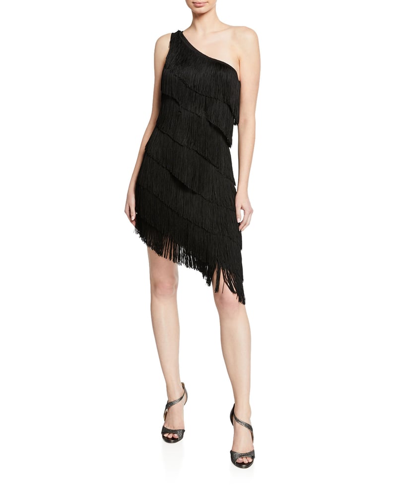 Norma Kamali One-Shoulder Sleeveless Asymmetric Fringe Dress