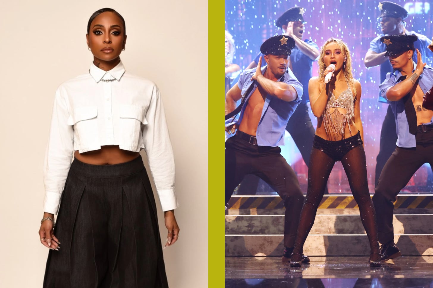 Two side-by-side images of choreographer Jasmine Badie and Sabrina Carpenter at the VMAs.