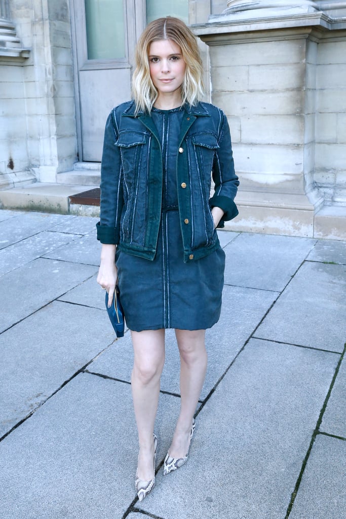 Kate Mara did the dressed-up version of denim on denim, adding a jean jacket to a little jean dress at the Louis Vuitton Fall '14 show.