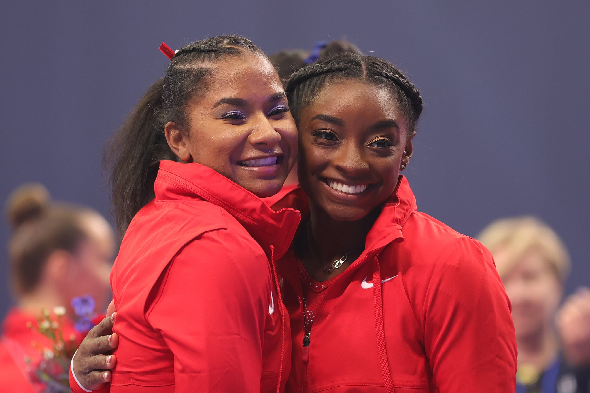 ST LOUIS, MISSOURI - JUNE 27: Jordan Chiles and Simone Biles pose following the Women's competition of the 2021 U.S. Gymnastics Olympic Trials at America's Center on June 27, 2021 in St Louis, Missouri. (Photo by Carmen Mandato/Getty Images)