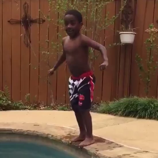Boy Pumps Himself Up to Jump in the Pool