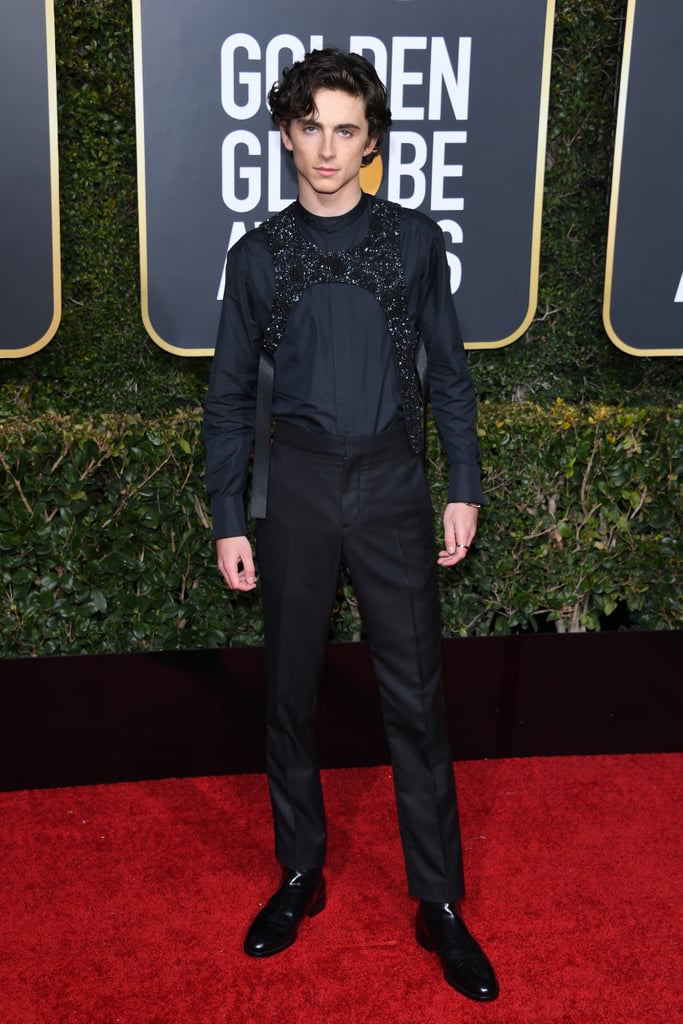 In his decidedly most famous red carpet look to date, Timothée wore a Louis Vuitton suit with an embroidered harness to the 2019 Golden Globes.