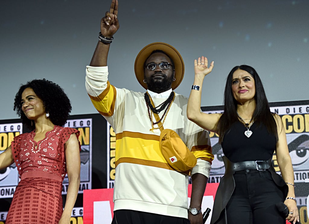 Pictured: Lauren Ridloff, Brian Tyree Henry, and Salma Hayek at San Diego Comic-Con.