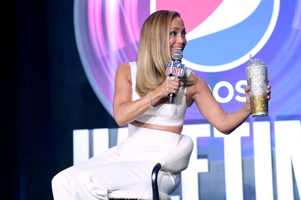 Jennifer Lopez's Football Clutch at Super Bowl Press Event