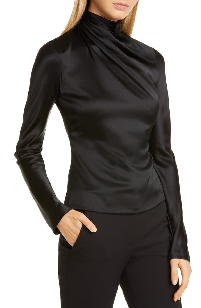 Brandon Maxwell Drape High Neck Long Sleeve Silk Blouse