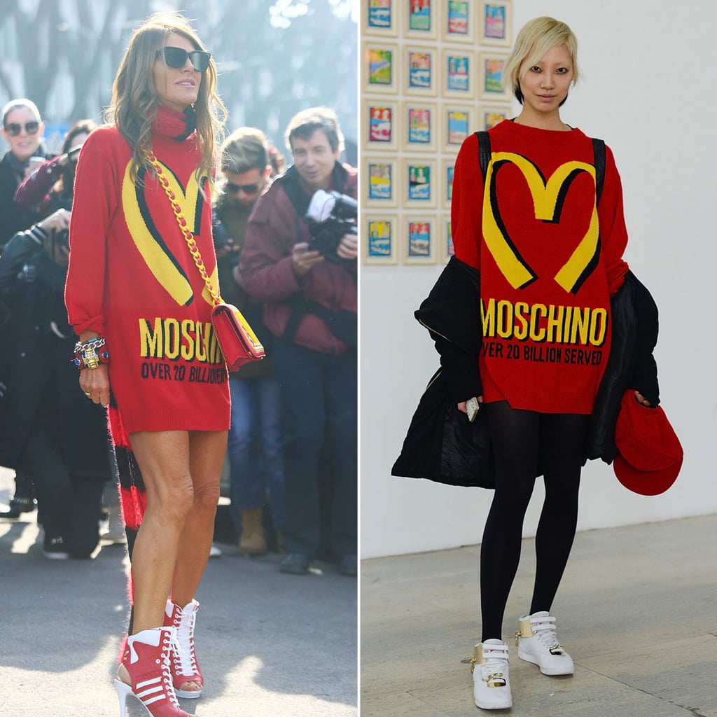 Anna Dello Russo was the first to take this cheeky Moschino look for a spin in Milan, but Soo Joo Park showed off the same jumper not too much later in Paris. 
Source: Tim Regas and Getty