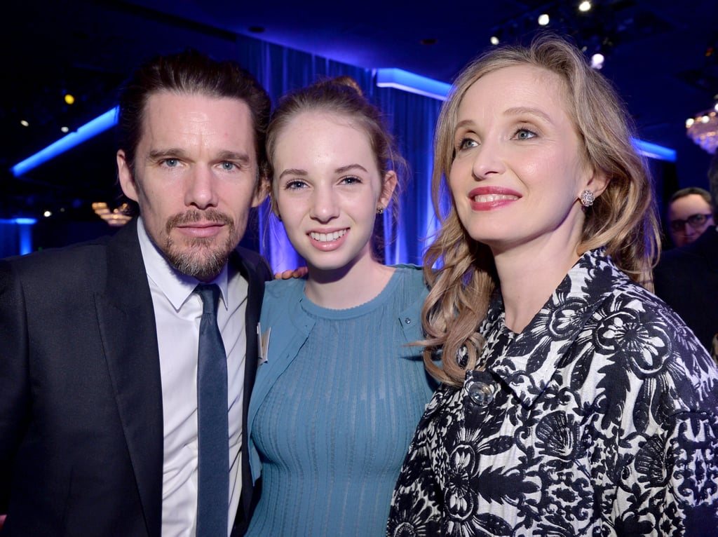 At the Academy Awards Nominee Luncheon, Ethan Hawke was accompanied by his Before Midnight costar Julie Delpy and his daughter, Maya Thurman-Hawke.