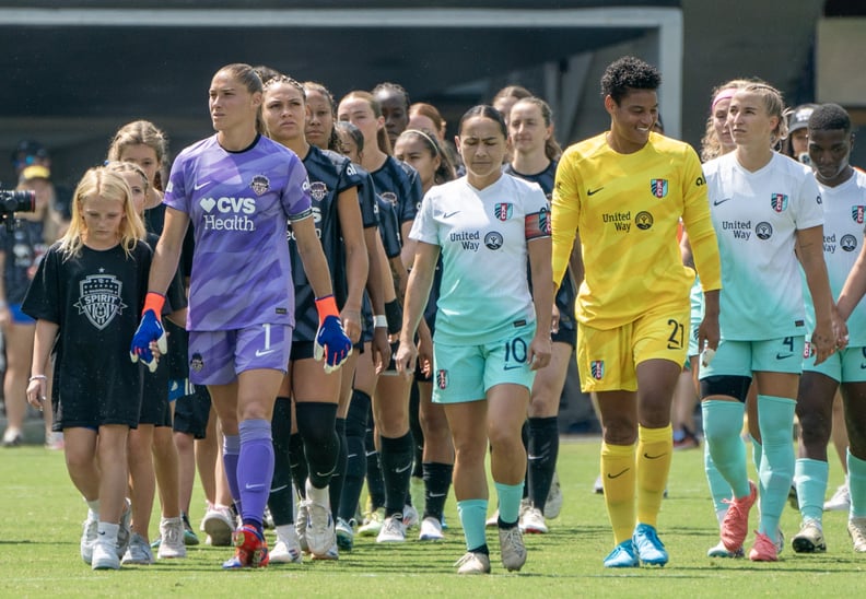 WASHINGTON, DC - AUGUST 25: The teams enter the field before a NWSL match between the Washington Spirit and the Kansas City Current on August 25, 2024, at Audi Field in Washington DC. (Photo by Tony Quinn/Icon Sportswire via Getty Images)