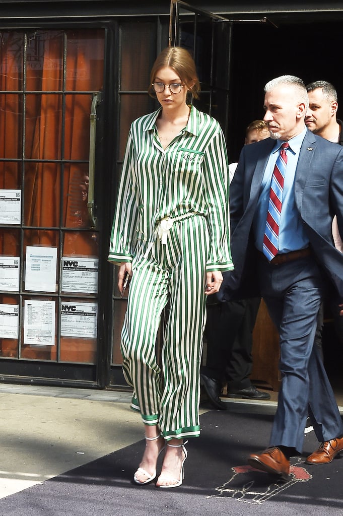 Gigi's a fan of easy, coordinated sets like this striped silky two-piece from Morgan Lane. Wear your outfit with heels to give it a street style feel.