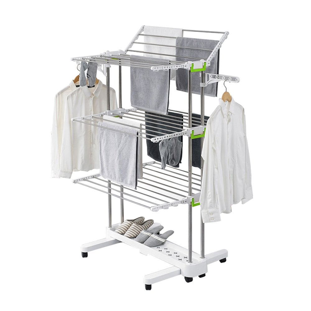 Collapsible Clothes Drying Rack With Casters and Stainless Steel Hanging Rods