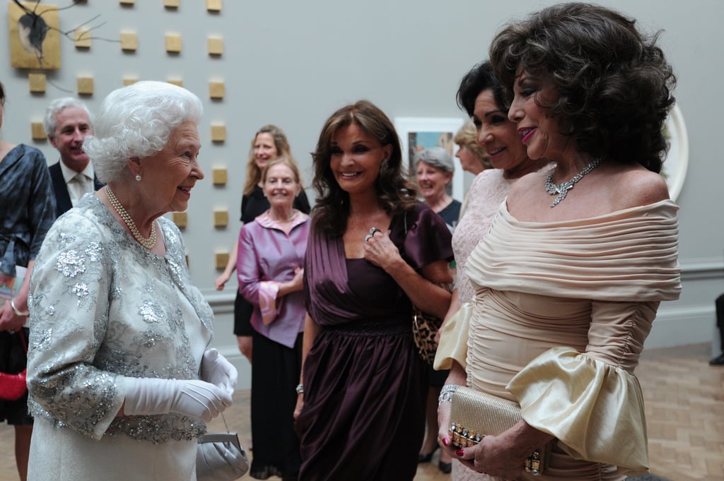 The Queen, Kate O'Mara, Shirley Bassey, and Joan Collins