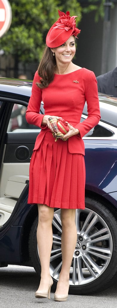 Kate clearly has a thing for McQueen, going monochrome in a pleated and peplum dress by the fashion house, nude LK Bennett pumps, and a dapper Sylvia Fletcher fascinator for the 2012 jubilee.