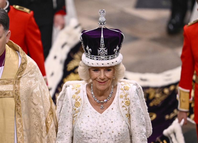 LONDON, ENGLAND - MAY 06: Queen Camilla departs the Coronation service of King Charles III and Queen Camilla at Westminster Abbey on May 06, 2023 in London, England. The Coronation of Charles III and his wife, Camilla, as King and Queen of the United King