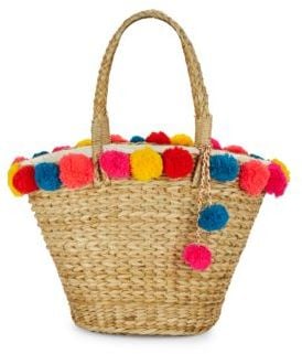 Kareenas Pom-Pom Trimmed Straw Bag