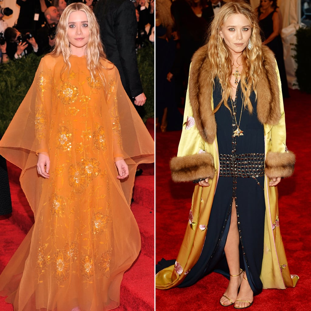 Twinning combo: For the 2013 Met Gala, the style-setters upped the drama with vintage selections.

Ashley chose a beaded orange creation with gauzy overlay from Dior Couture.
Mary-Kate topped her beaded drop-waist Chanel dress with an embroidered, fur-trimmed robe.