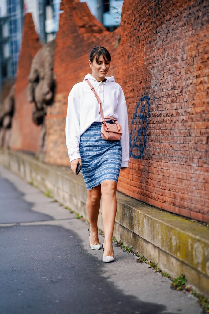 denim skirt and hoodie