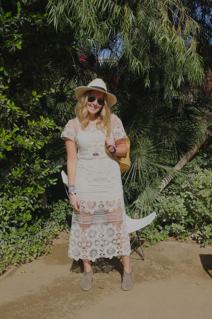 A crochet dress is nice, but this Forever 21 design is stitched with flowers, which takes this look one step further. Grace Hitchcock, Senior Audience Development Associate at Popsugar, rocked it with easy accessories such as a hat, taupe booties, a gemstone pendant, and backpack.