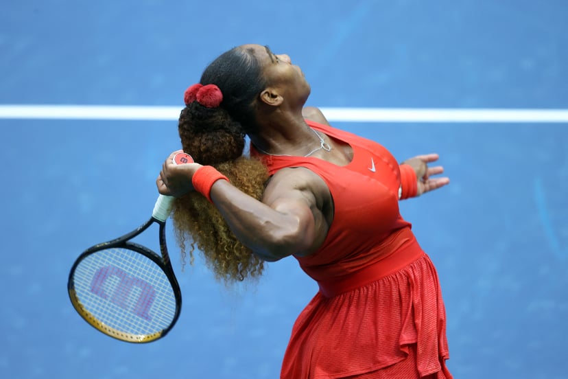 NEW YORK, NEW YORK - SEPTEMBER 01: Serena Williams of the United States serves the ball during her Women's Singles first round match against Kristie Ahn of the United States on Day Two of the 2020 US Open at the USTA Billie Jean King National Tennis Cente
