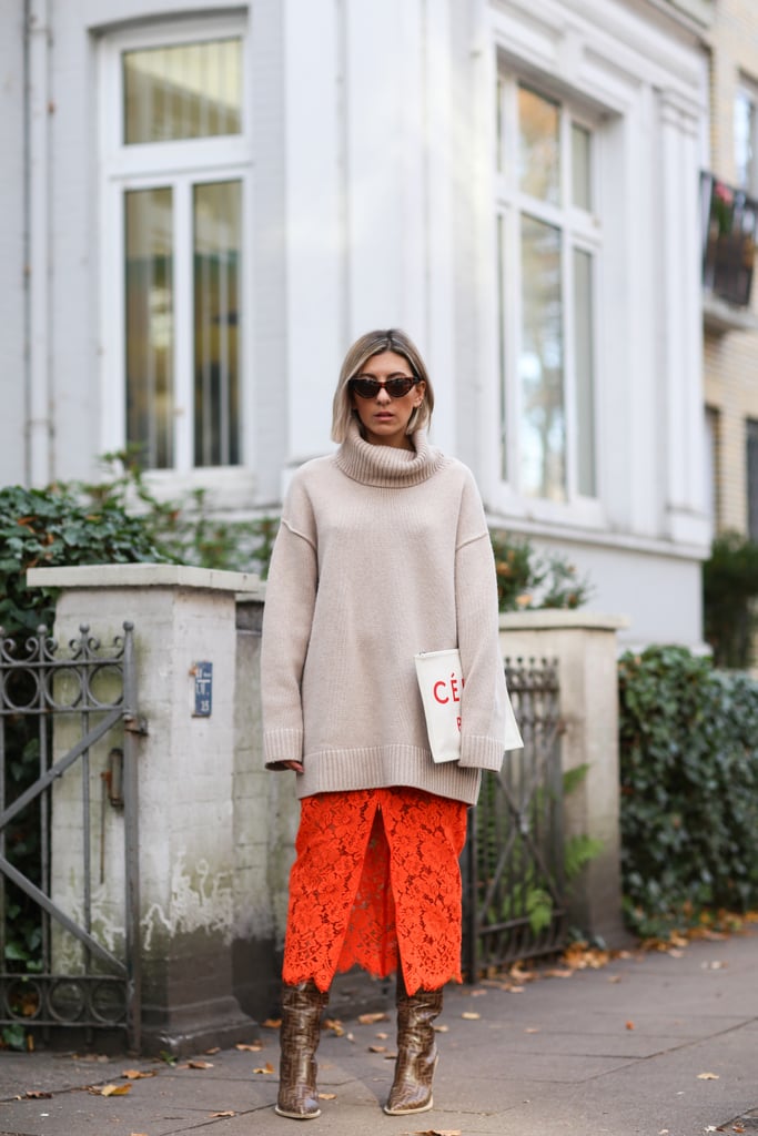 Style an Oversized Turtleneck With a Lace Skirt and Brown Boots