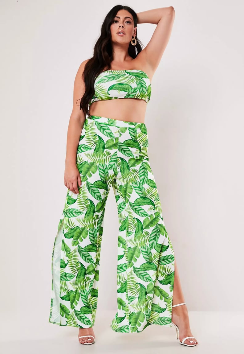 Missguided Plus Size Green Palm Print Bandeau Top and Wide Leg Pants Co Ord Set