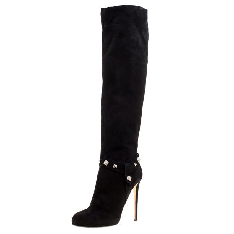 Enio Silla For Le Silla Black Suede Crystal Embellished Pyramid Studs Knee Length Boots