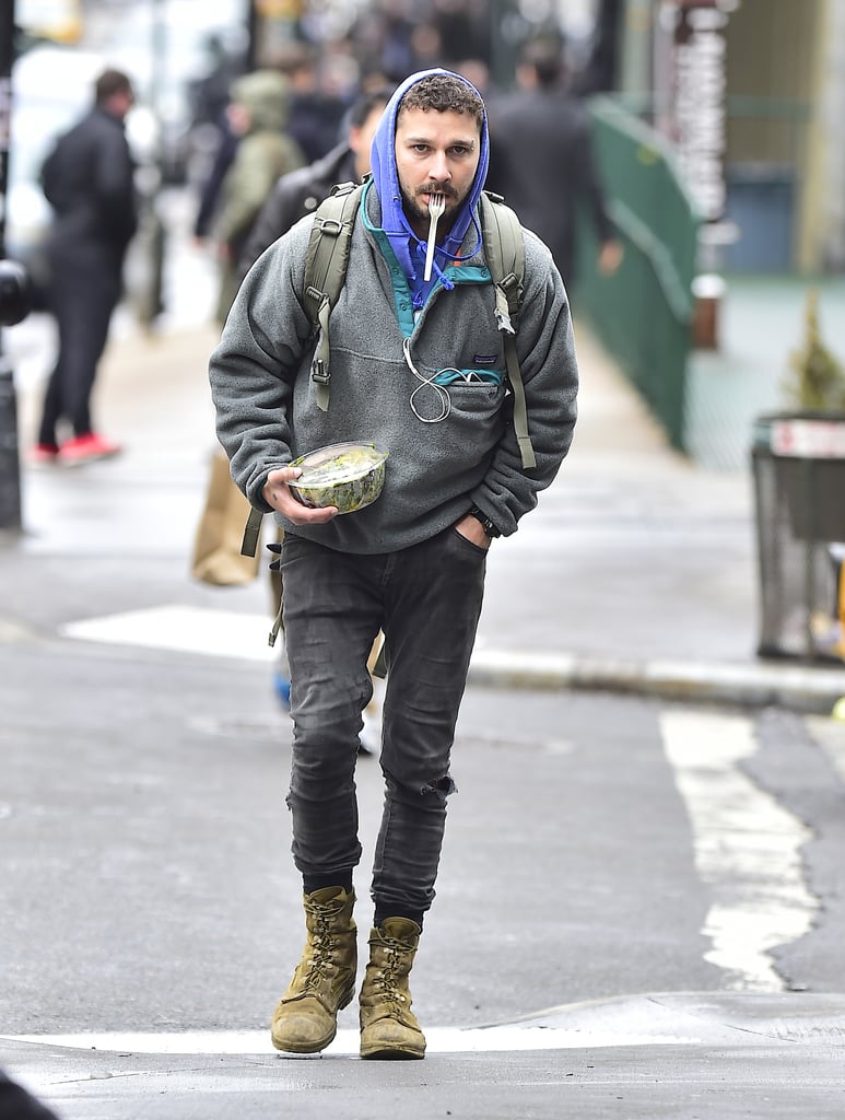 How do you make a grey Patagonia fleece and combat boots look even more normcore? Hold a salad in your hands and fork in your mouth, obviously.