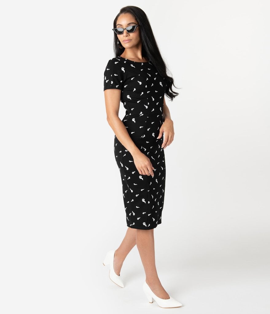 Black and White Ghosts Print Short Sleeve Mod Wiggle Dress