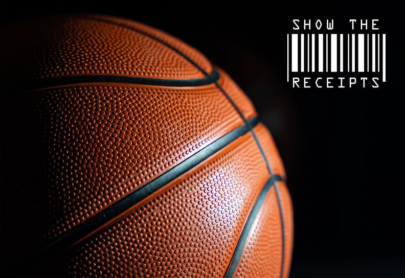 A dramatic photo of a basketball is overlaid wiht a Show the Receipts label.