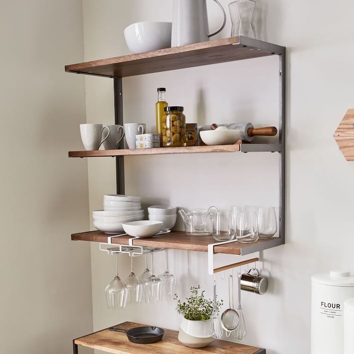 For a Small Kitchen: L-Beam 3-Tier Industrial Wood & Metal Wall Shelf