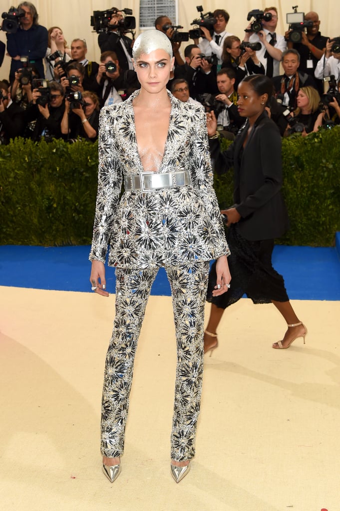 Bald Cara Delevingne in Chanel at Met Gala 2017