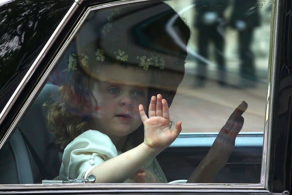 Bridemaid Grace van Cutsem was in good spirits as she arrived to Kate and Will's wedding . . .