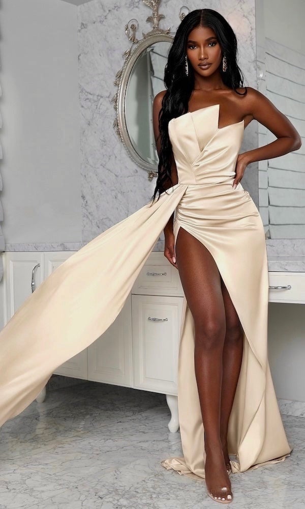 Moda Glam Boutique Monroe Strapless Gown With Side Sash in Champagne