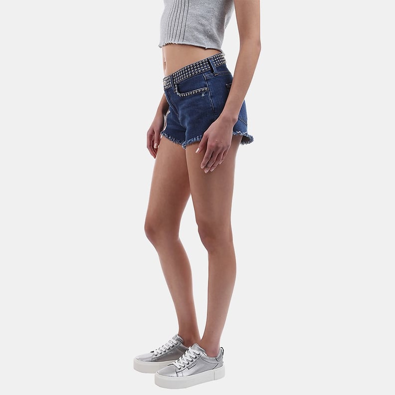 L'Agence Zoe Studded Distressed Denim Short in Authentique