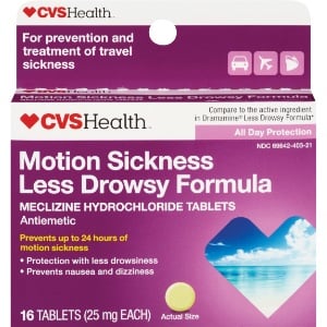 CVS Health Motion Sickness Less Drowsy Formula Meclizine Hydrochloride Tablets
