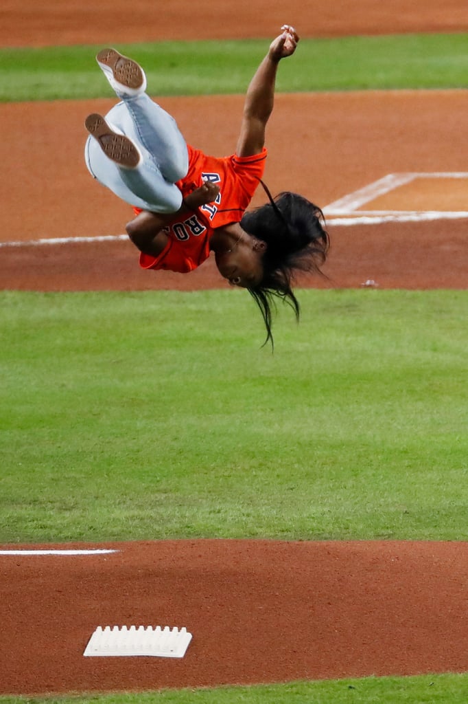 Watch Simone Biles Flip Before Throwing World Series Pitch