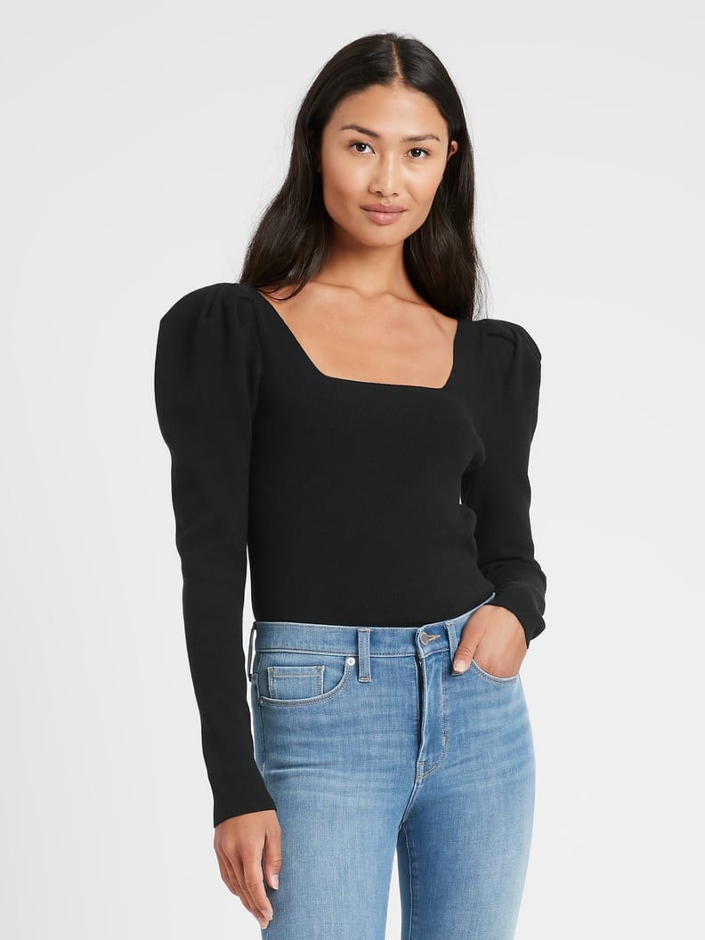 Square-Neck Puff-Sleeve Sweater Top